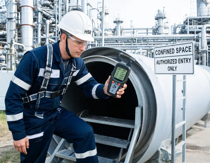 HSE officer entering a confined space with portable gas detection equipment